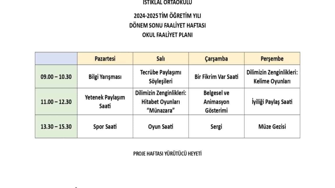 2024-2025 1.Dönem Sonu  Faaliyet Haftası Etkinlik Planı